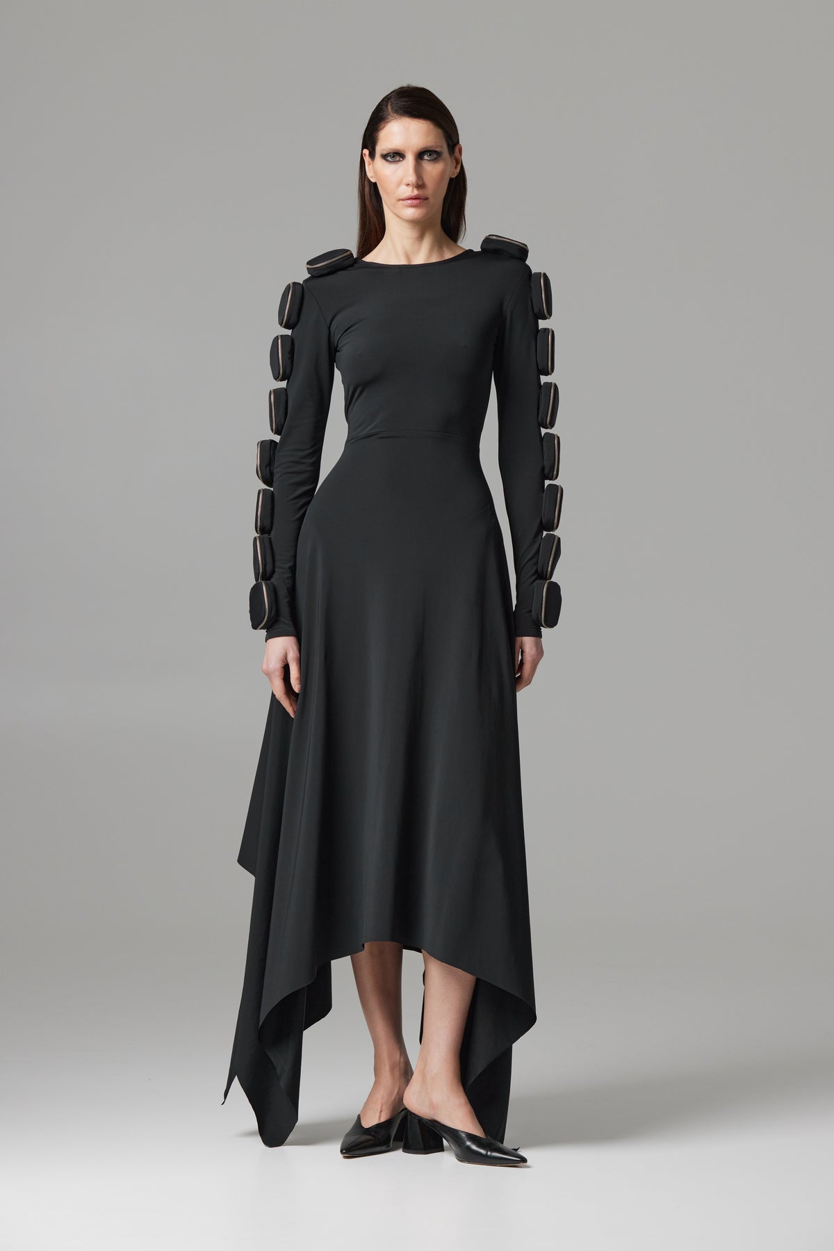 J.K. DRESS asymmetric maxi dress with long sleeves and V-cut back by TAMAR KEBURIA, photograph 1 of 5