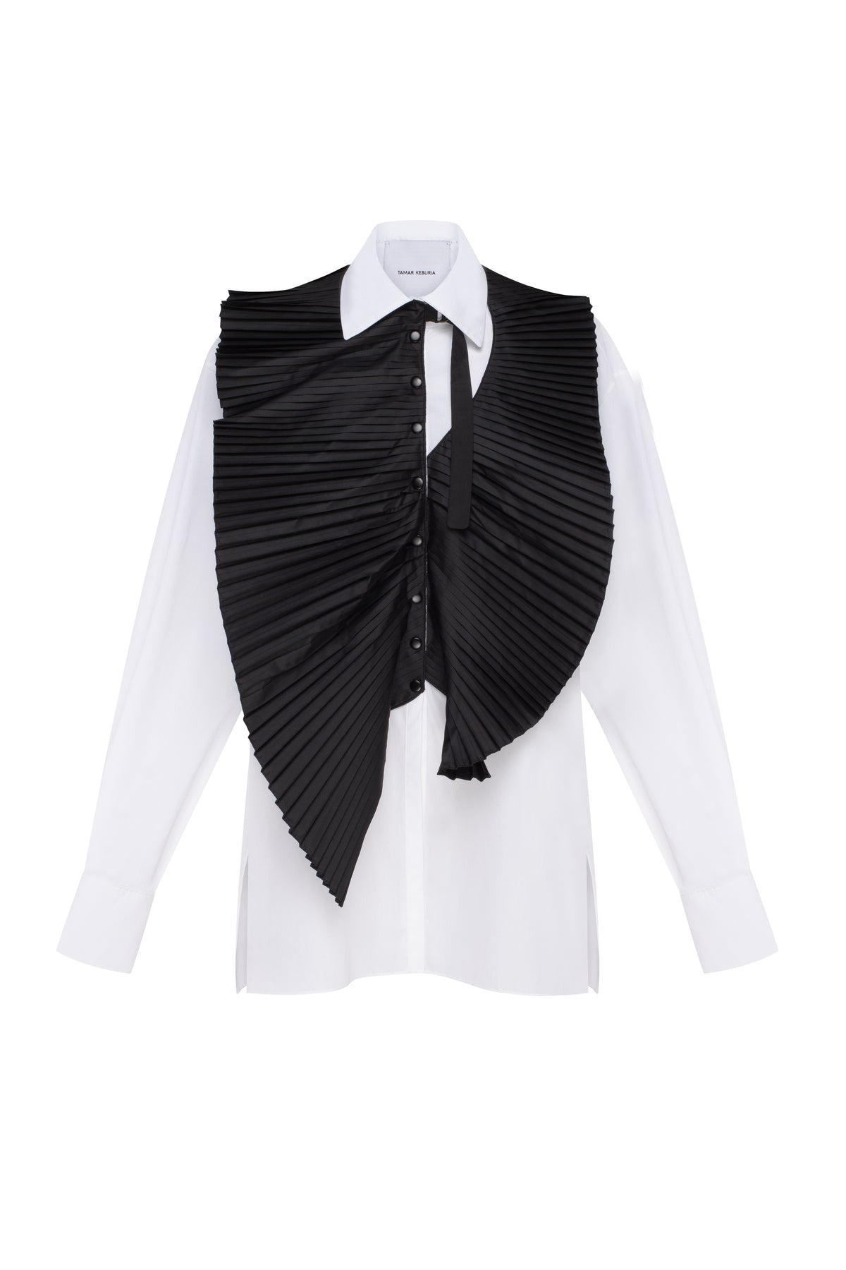 EMIKO SHIRT oversized white shirt with contrasting black pleated element by TAMAR KEBURIA, photograph 1 of 4