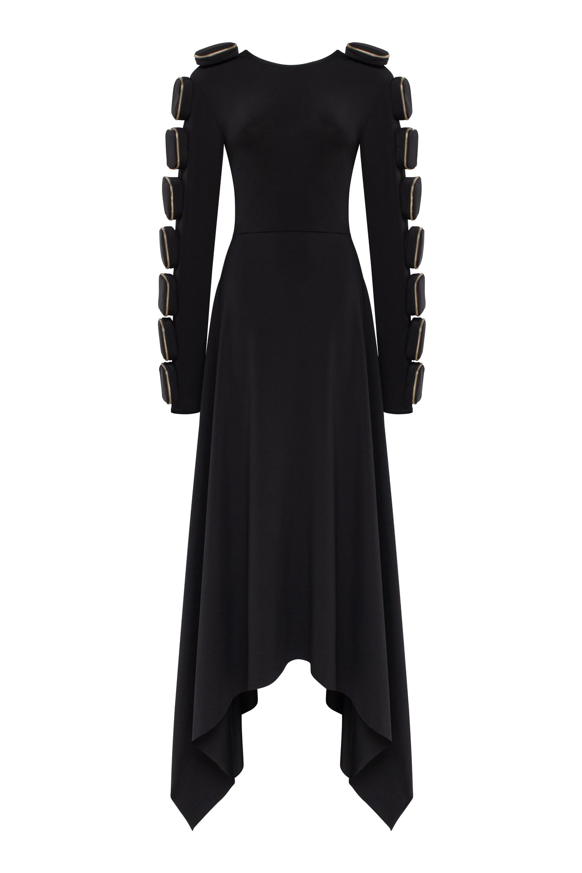 J.K. DRESS asymmetric maxi dress with long sleeves and V-cut back by TAMAR KEBURIA, photograph 1 of 5