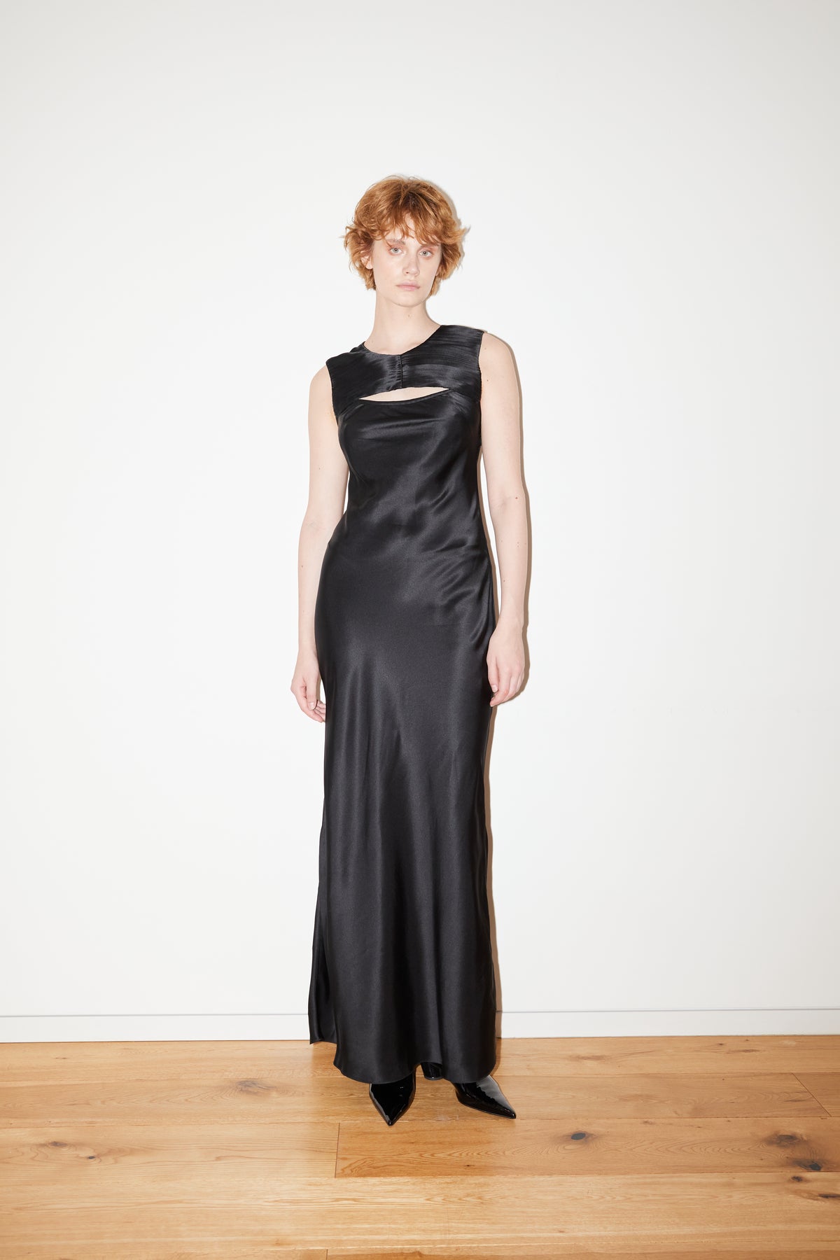 CLARA DRESS bias-cut H-line maxi with hand-pleated collar by TAMAR KEBURIA, photograph 1 of 4