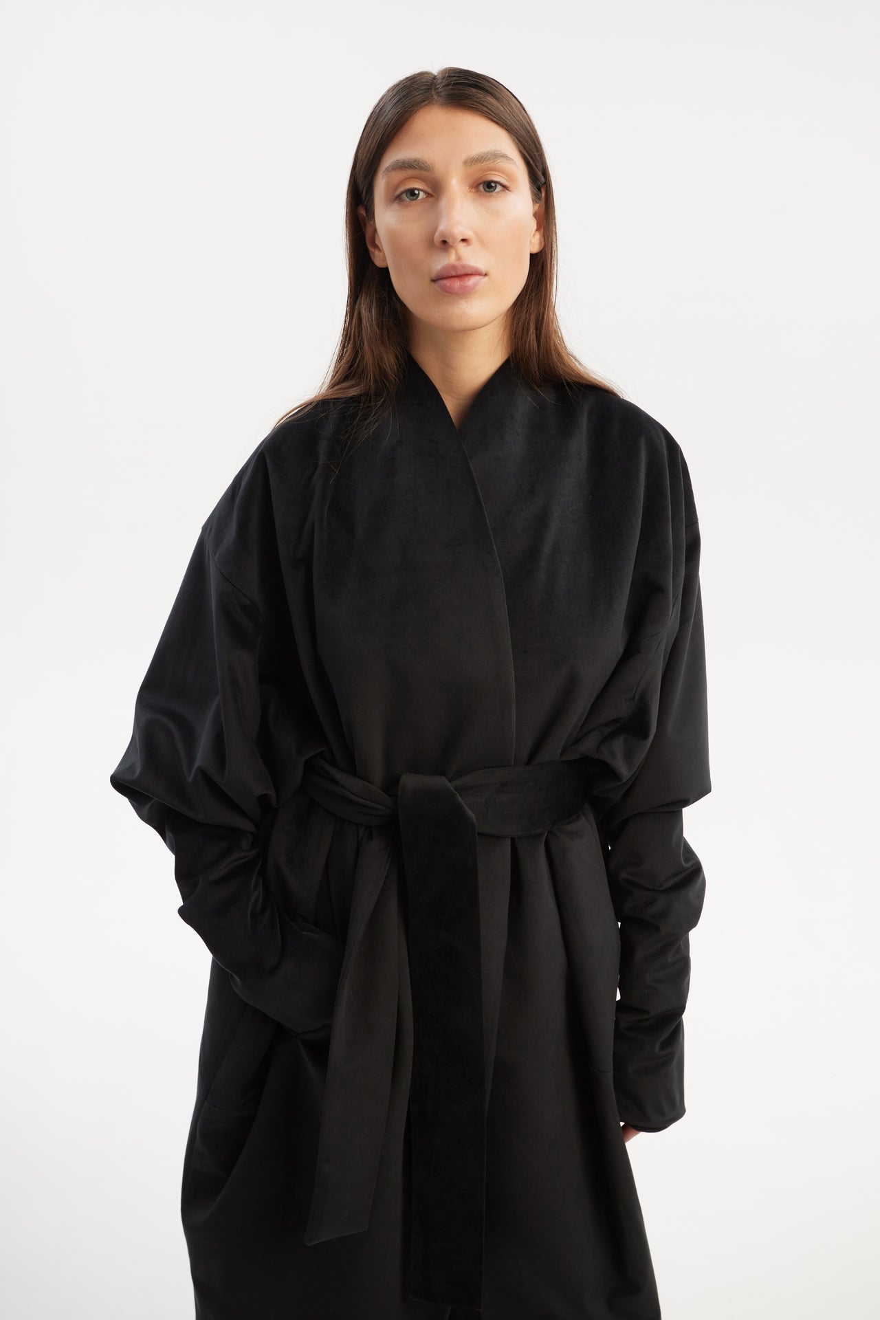 Oversized cocoon velvet coat with long tapered sleeves