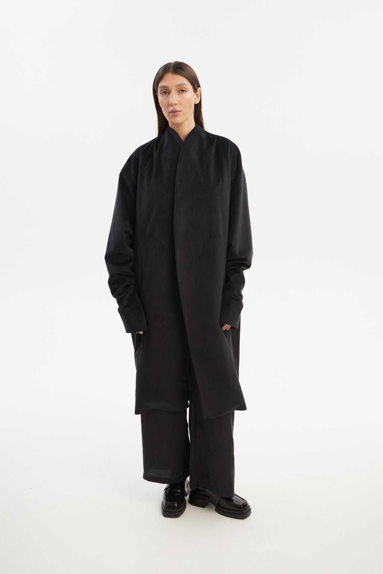 Oversized cocoon velvet coat with long tapered sleeves