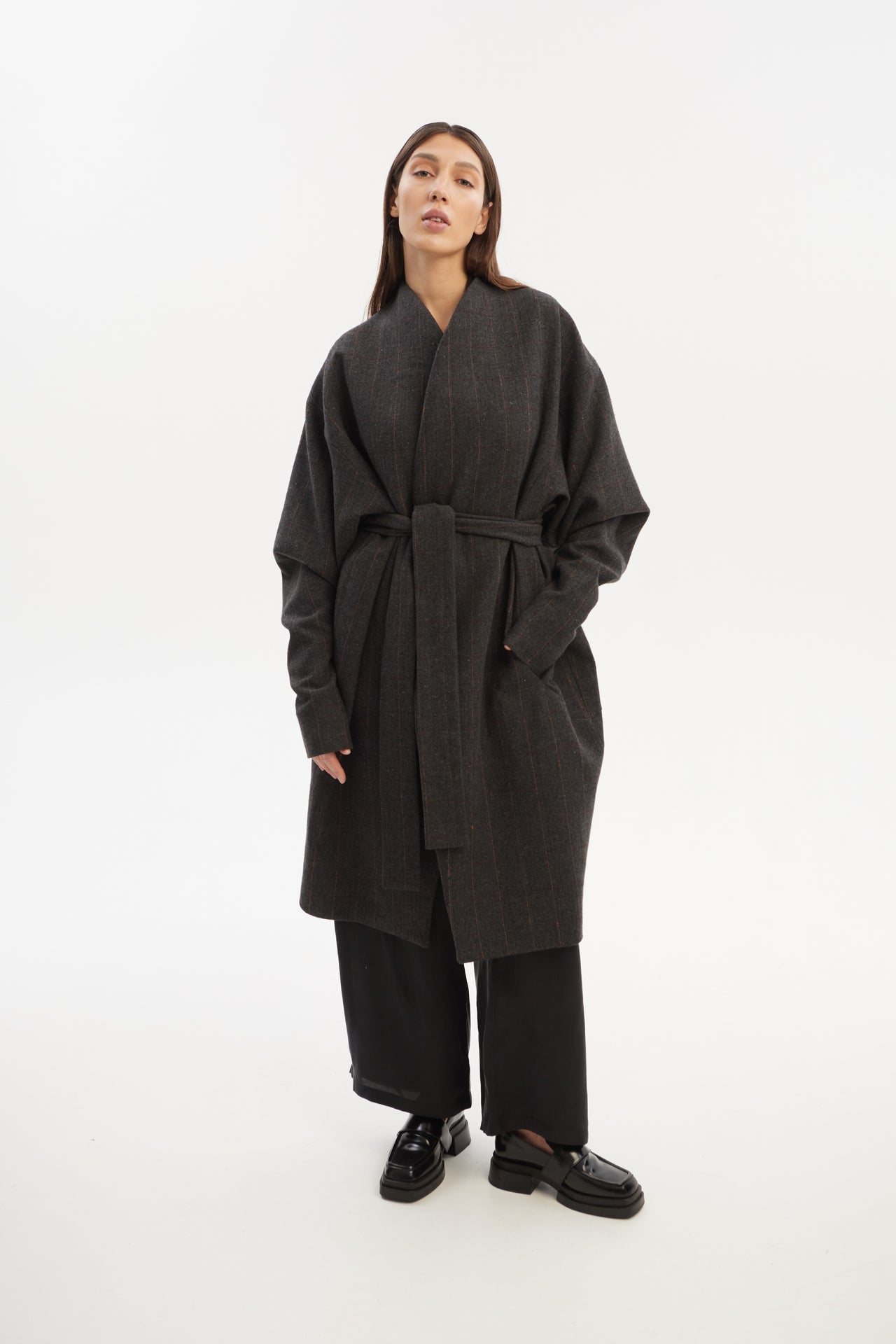 Oversized cocoon wool coat with long tapered sleeves