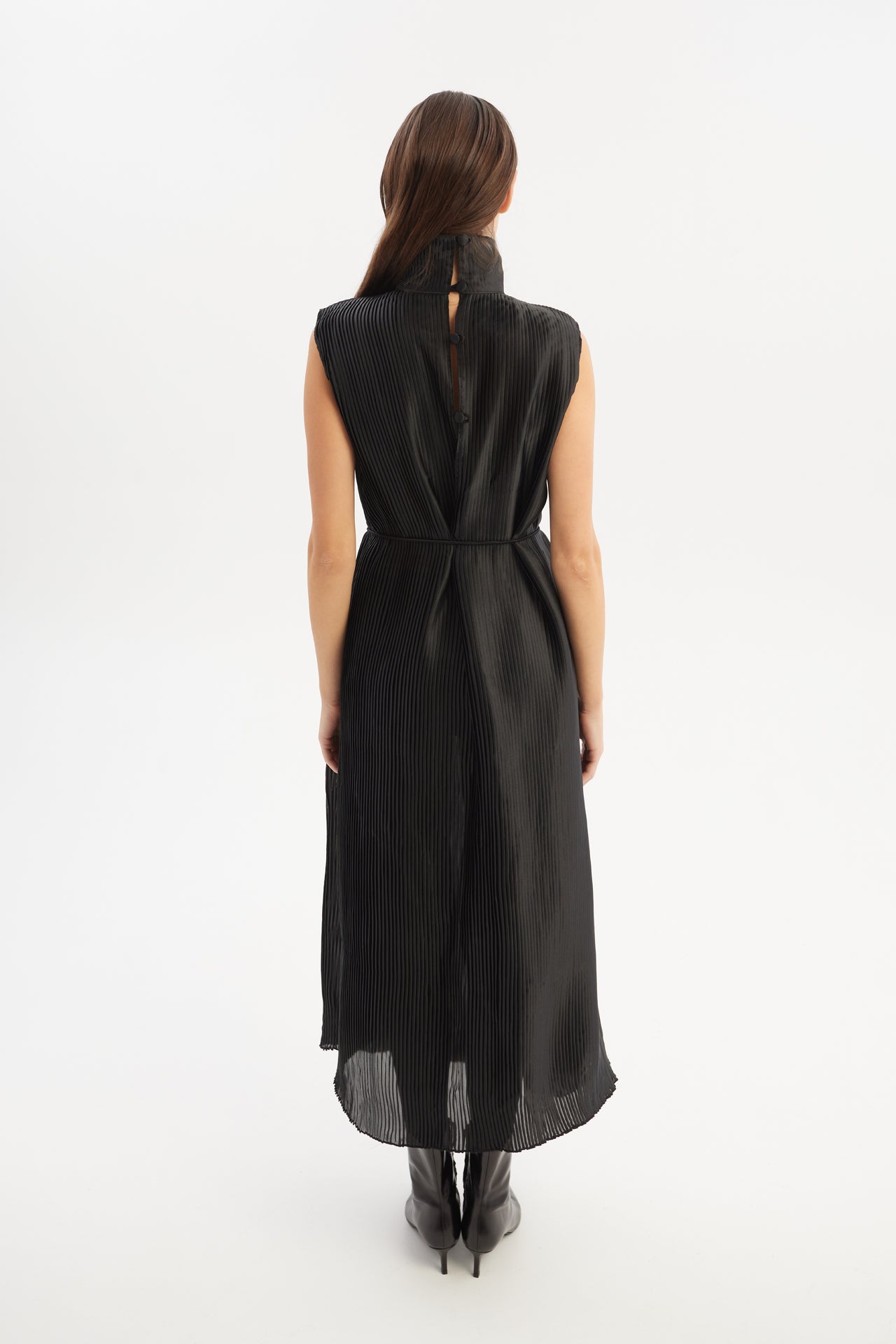 Pleated Sleeveless Maxi Organza Dress with a high collar and asymmetric pleated inserts