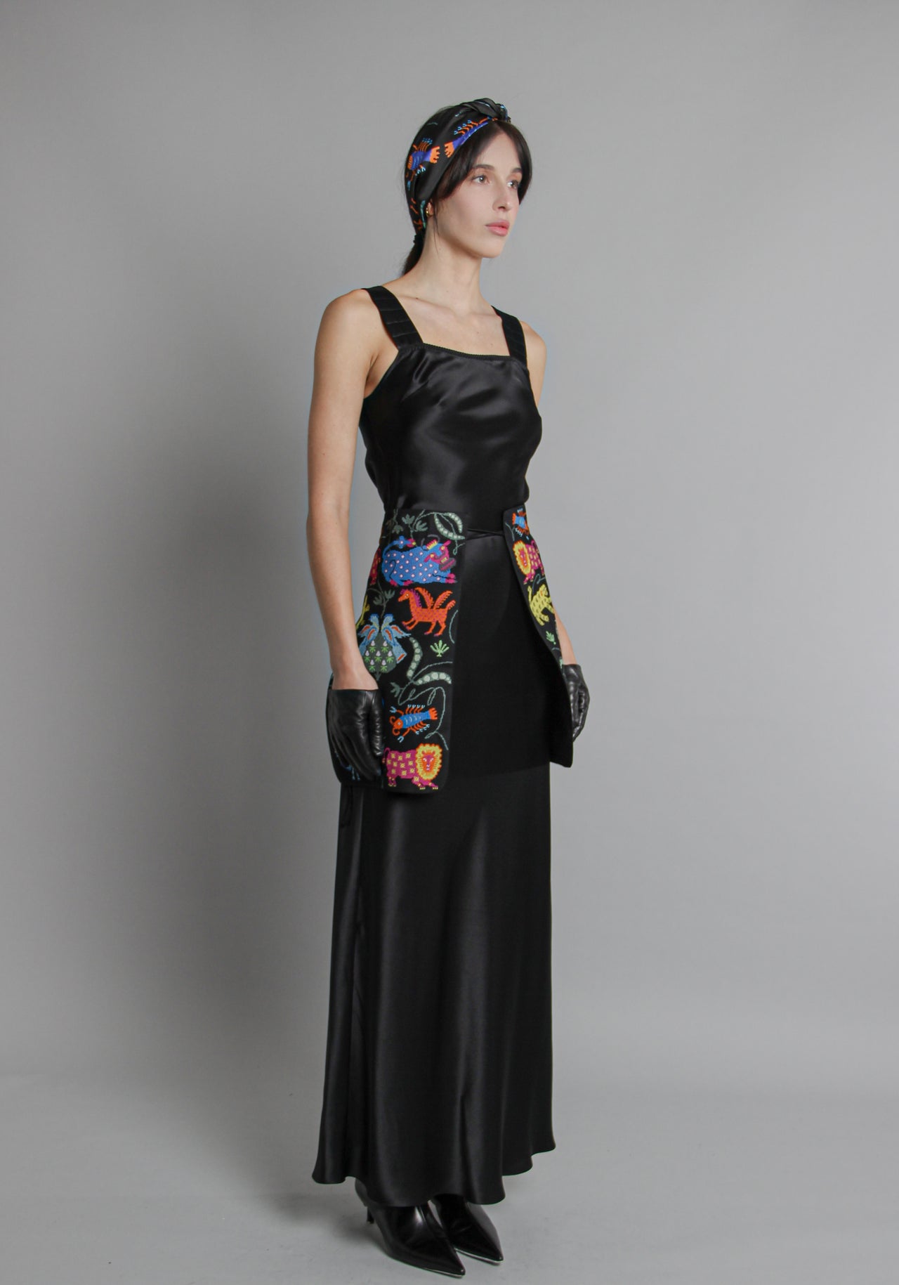 Maxi slip dress with detachable side embroidered elements